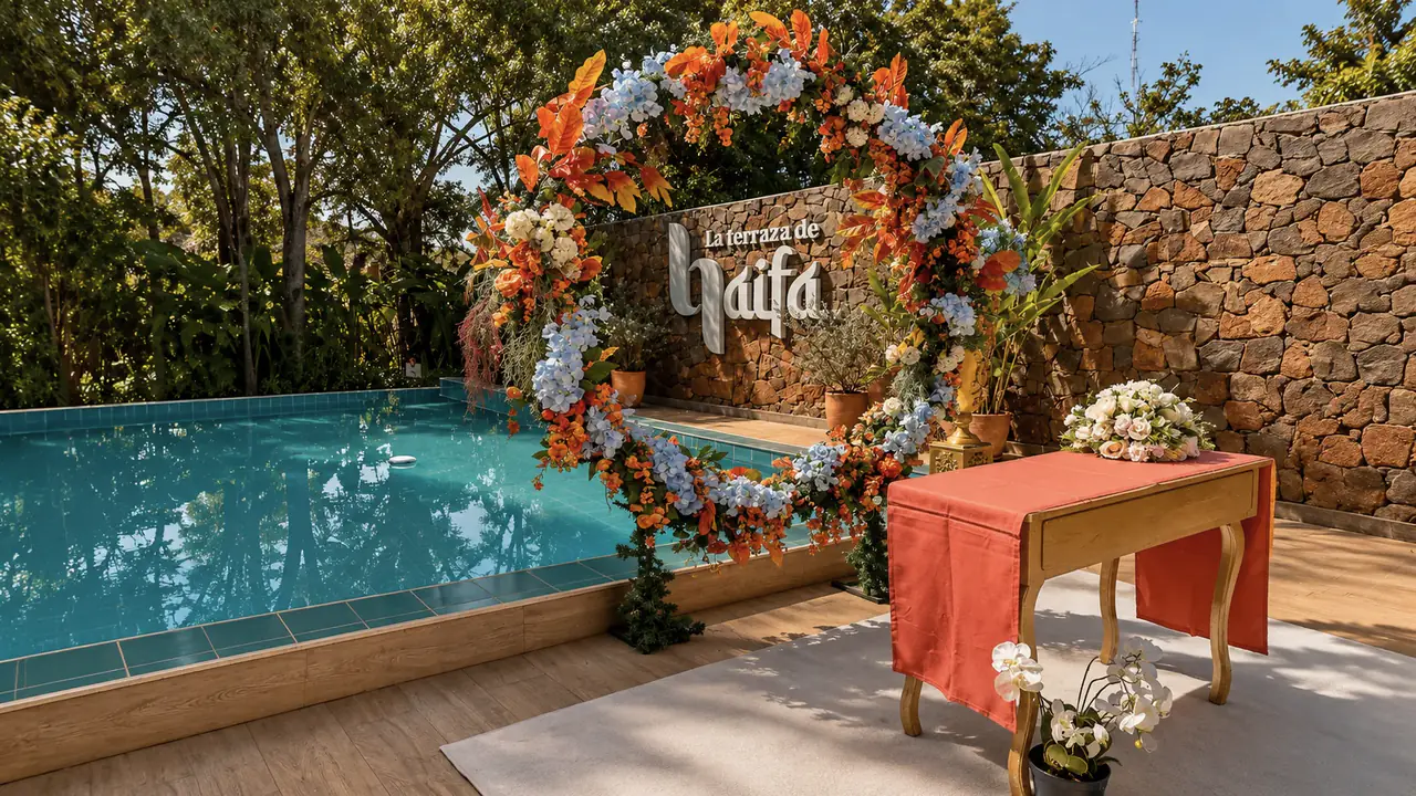 Arco de flores junto a la piscina y el muro de piedra con las letras de La Terraza de Haifa, de día